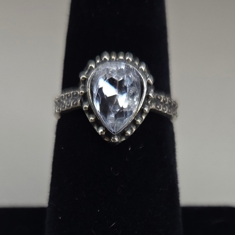 Boho Silver Tone Pear Cut Clear Crystal Statement Ring Size 7 0437